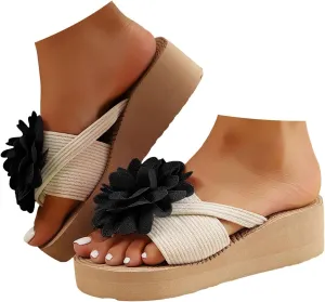 Women's Flower Woven Platform Wedge Orthopedic Sandals 2025 Summer Wide Width Casual Open Toe Flower Woven Non Slip Outdoor Sandals Fashion Beach Comfortable Slip On Walking Sandal