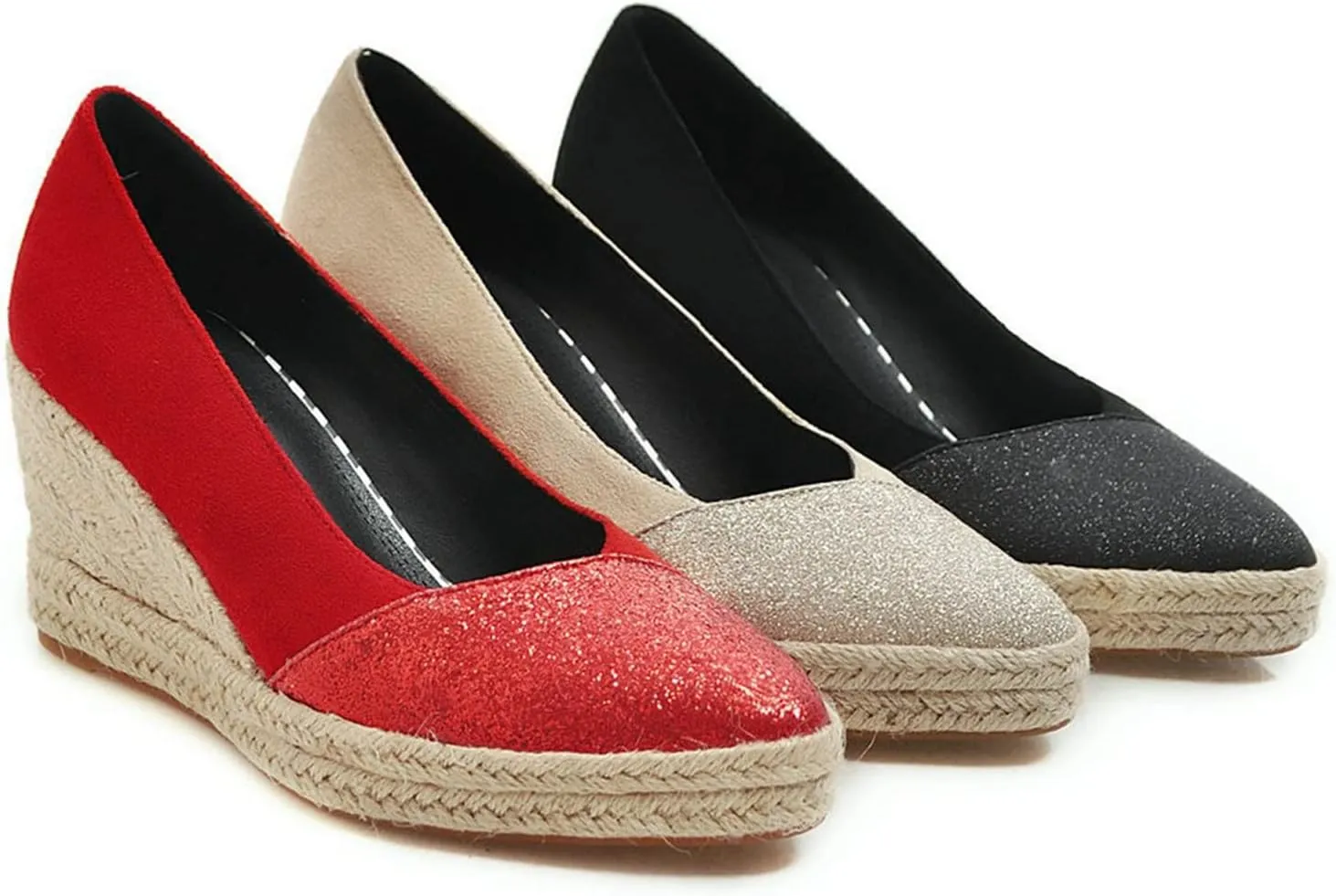 Womens Glitter Espadrilles Wedge Pumps Platform Slip On Fashion Closed Pointed Toe Comfort Dress Shoes