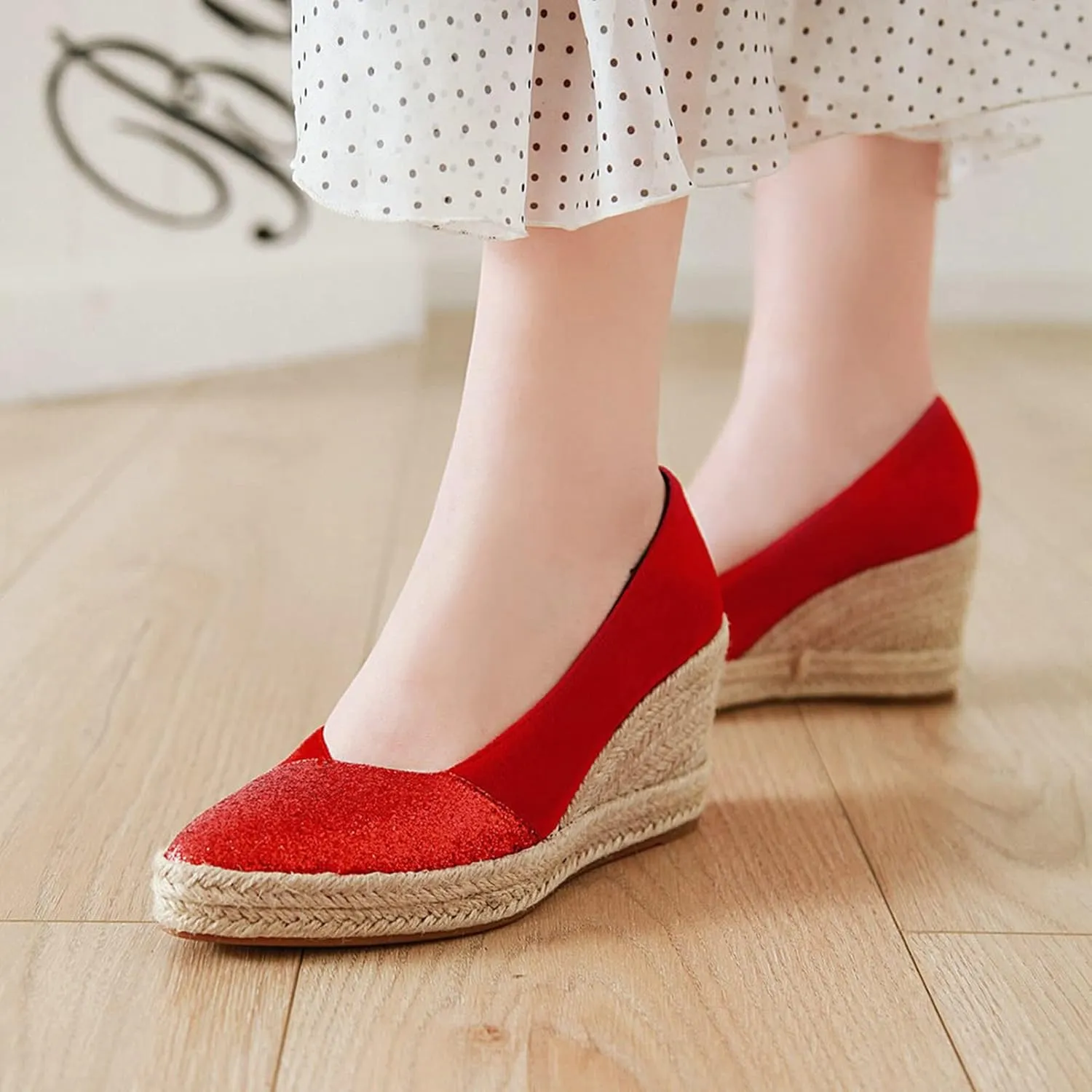 Womens Glitter Espadrilles Wedge Pumps Platform Slip On Fashion Closed Pointed Toe Comfort Dress Shoes