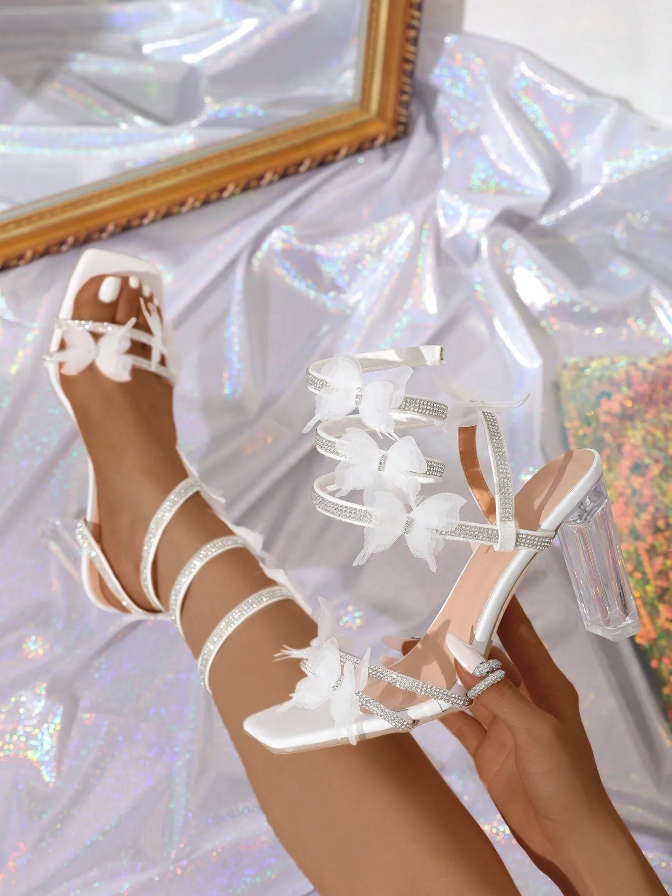 Women's High Heel Butterfly Decorated Sandals, Sexy Summer Wedding Party Shoes, Suitable For Formal Events