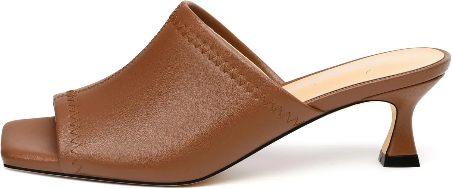 Womens Kitten Heel Open Square Toe Slip-on Sandals Casual Fashion Dress Summer Mules Shoes 2 Inches Heels