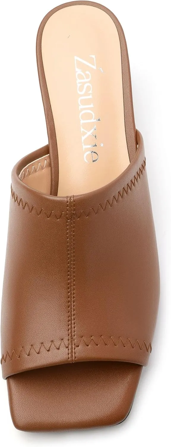 Womens Kitten Heel Open Square Toe Slip-on Sandals Casual Fashion Dress Summer Mules Shoes 2 Inches Heels