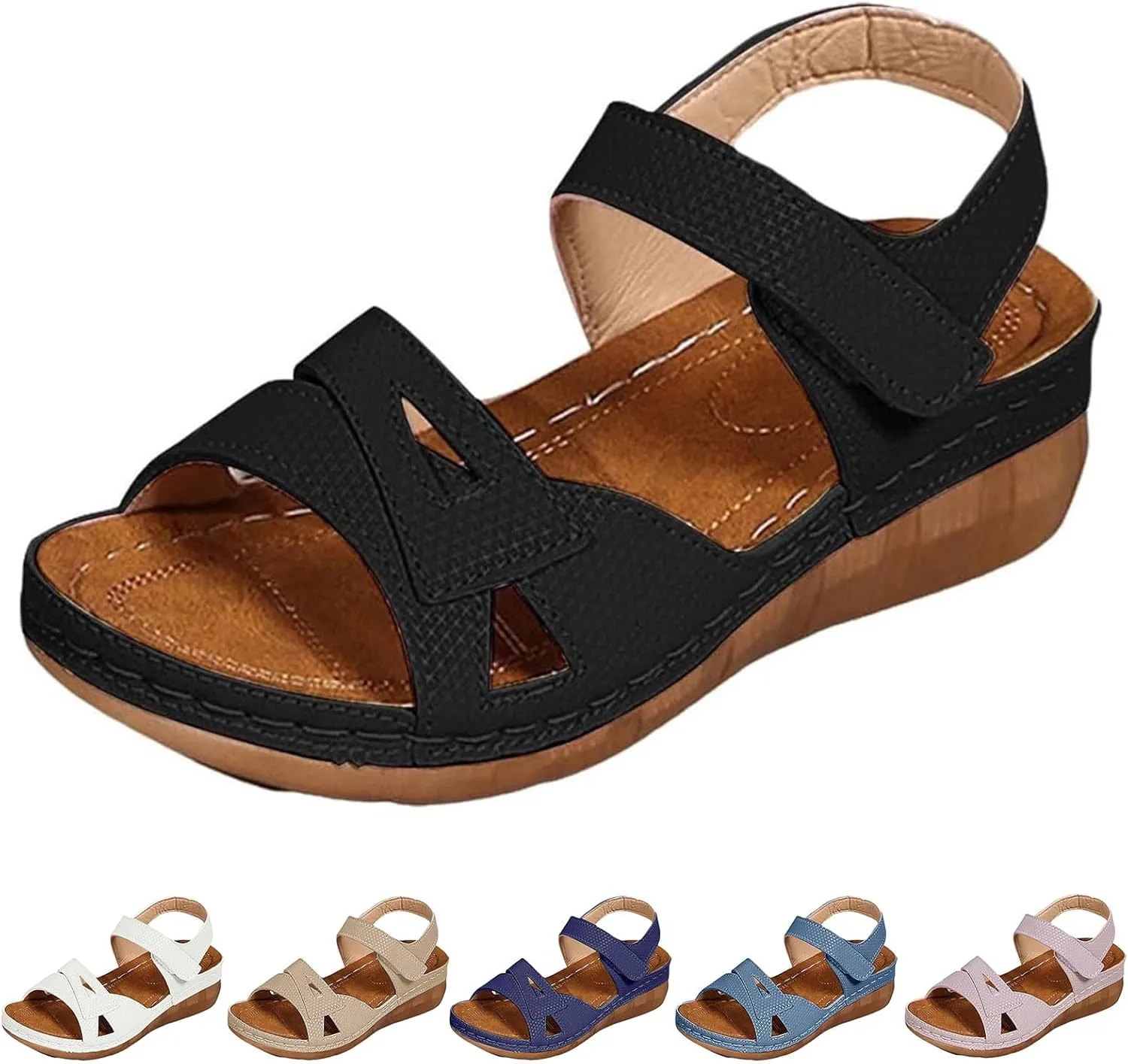 Womens Orthopedic Sandals Arch Support Platform Sandals Two Strap Slip on Wedges, Summer Open Toe Ankle Strap Walking Sandal Comfortable Outdoor Walking Shoes with Hook and Loop