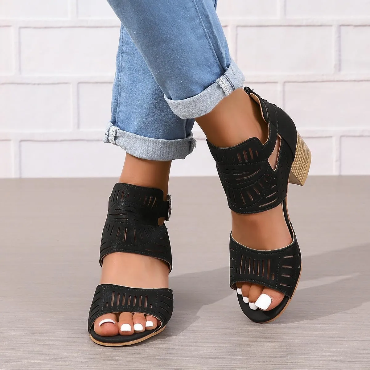 Womens Peep Toe Booties Summer Cutout Side Ankle Strap Buckle Chunky Low Heels Dressy Sandals with Back Zipper High Suede Dress Heel Hollow Out Heeled Stacked Sandal Black Slingback