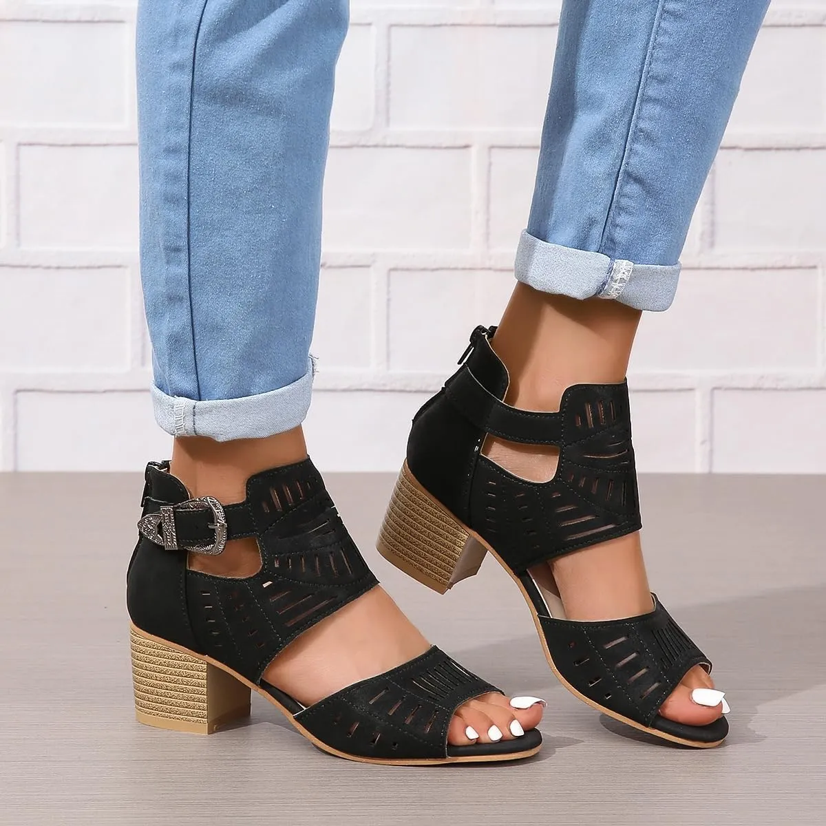 Womens Peep Toe Booties Summer Cutout Side Ankle Strap Buckle Chunky Low Heels Dressy Sandals with Back Zipper High Suede Dress Heel Hollow Out Heeled Stacked Sandal Black Slingback