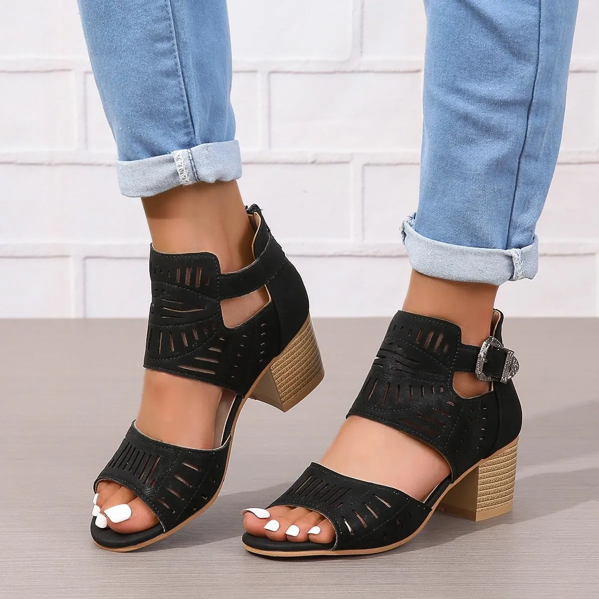 Womens Peep Toe Booties Summer Cutout Side Ankle Strap Buckle Chunky Low Heels Dressy Sandals with Back Zipper High Suede Dress Heel Hollow Out Heeled Stacked Sandal Black Slingback