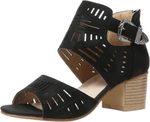 Womens Peep Toe Booties Summer Cutout Side Ankle Strap Buckle Chunky Low Heels Dressy Sandals with Back Zipper High Suede Dress Heel Hollow Out Heeled Stacked Sandal Black Slingback
