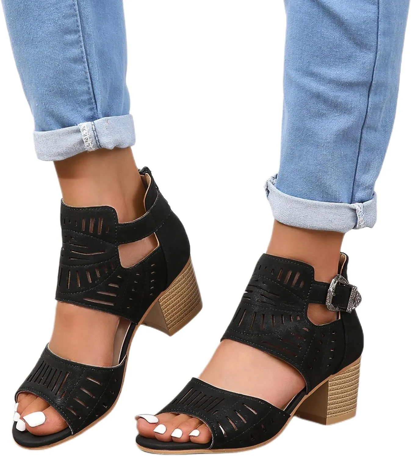 Womens Peep Toe Booties Summer Cutout Side Ankle Strap Buckle Chunky Low Heels Dressy Sandals with Back Zipper High Suede Dress Heel Hollow Out Heeled Stacked Sandal Black Slingback