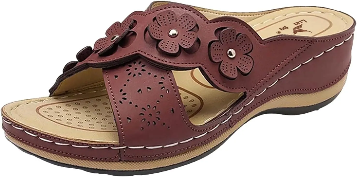 Womens Platform Wedge Sandals Orthopedic Sandals with Arch Support Cushion Footbed Platform Slide Hollowed Slip On Casual Bohemian Fashion Lightweight Slippers