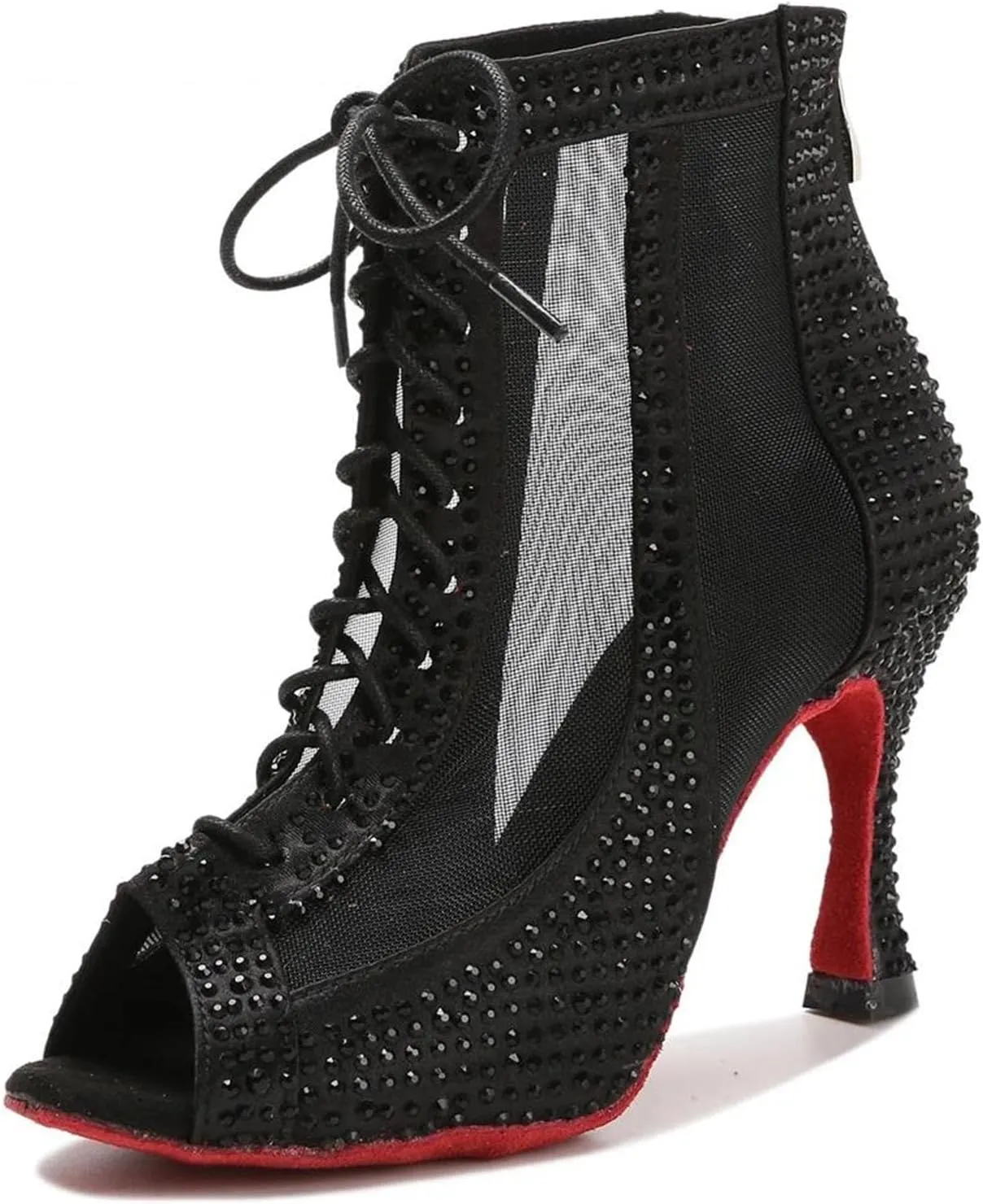 Women's Rhinestone Latin Dance Boots - Pole Dance Sexy Belly Ballroom Mesh High Heels, 10CM/3.9Inch Heel Height