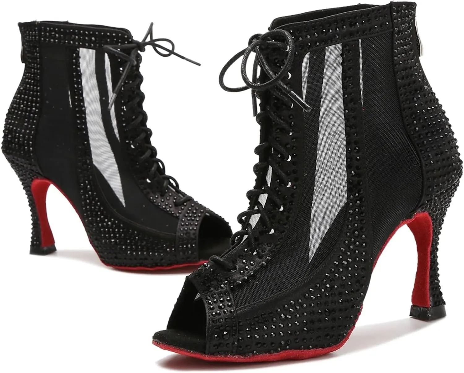 Women's Rhinestone Latin Dance Boots - Pole Dance Sexy Belly Ballroom Mesh High Heels, 10CM/3.9Inch Heel Height