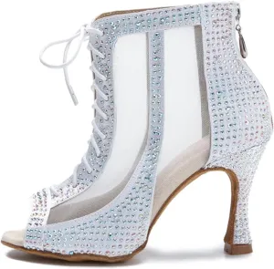 Women's Rhinestone Latin Dance Boots - Pole Dance Sexy Belly Ballroom Mesh High Heels, 10CM/3.9Inch Heel Height