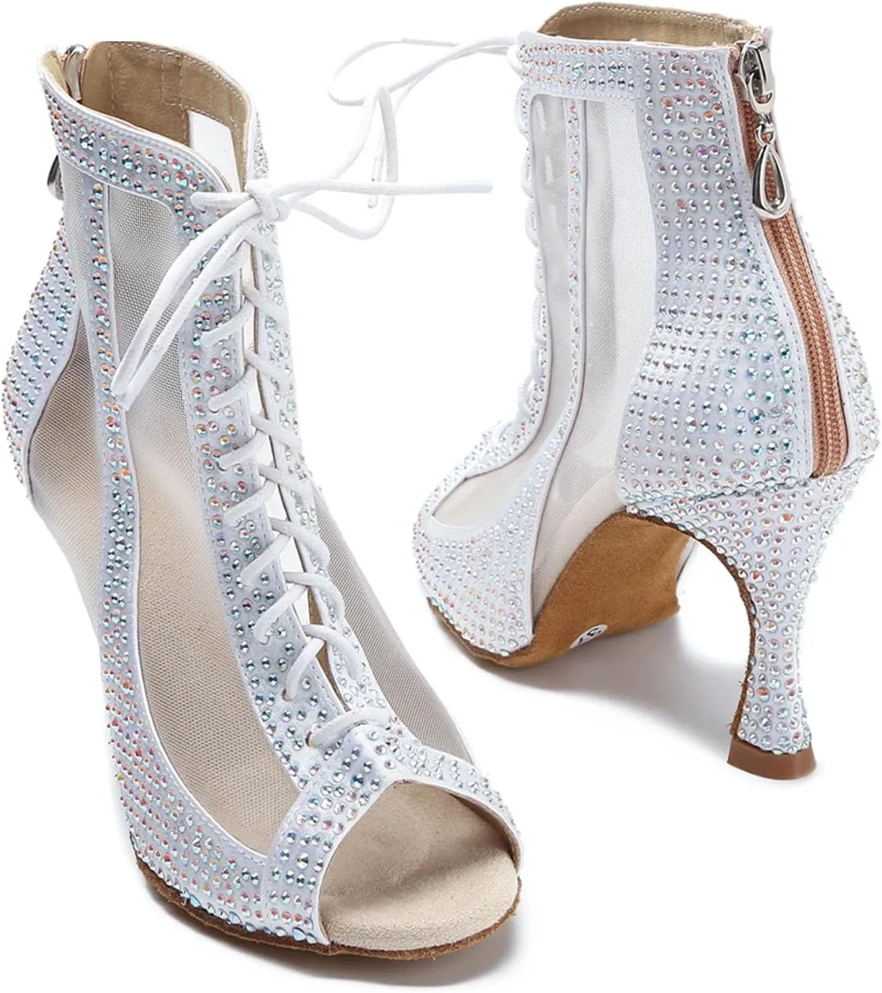 Women's Rhinestone Latin Dance Boots - Pole Dance Sexy Belly Ballroom Mesh High Heels, 10CM/3.9Inch Heel Height