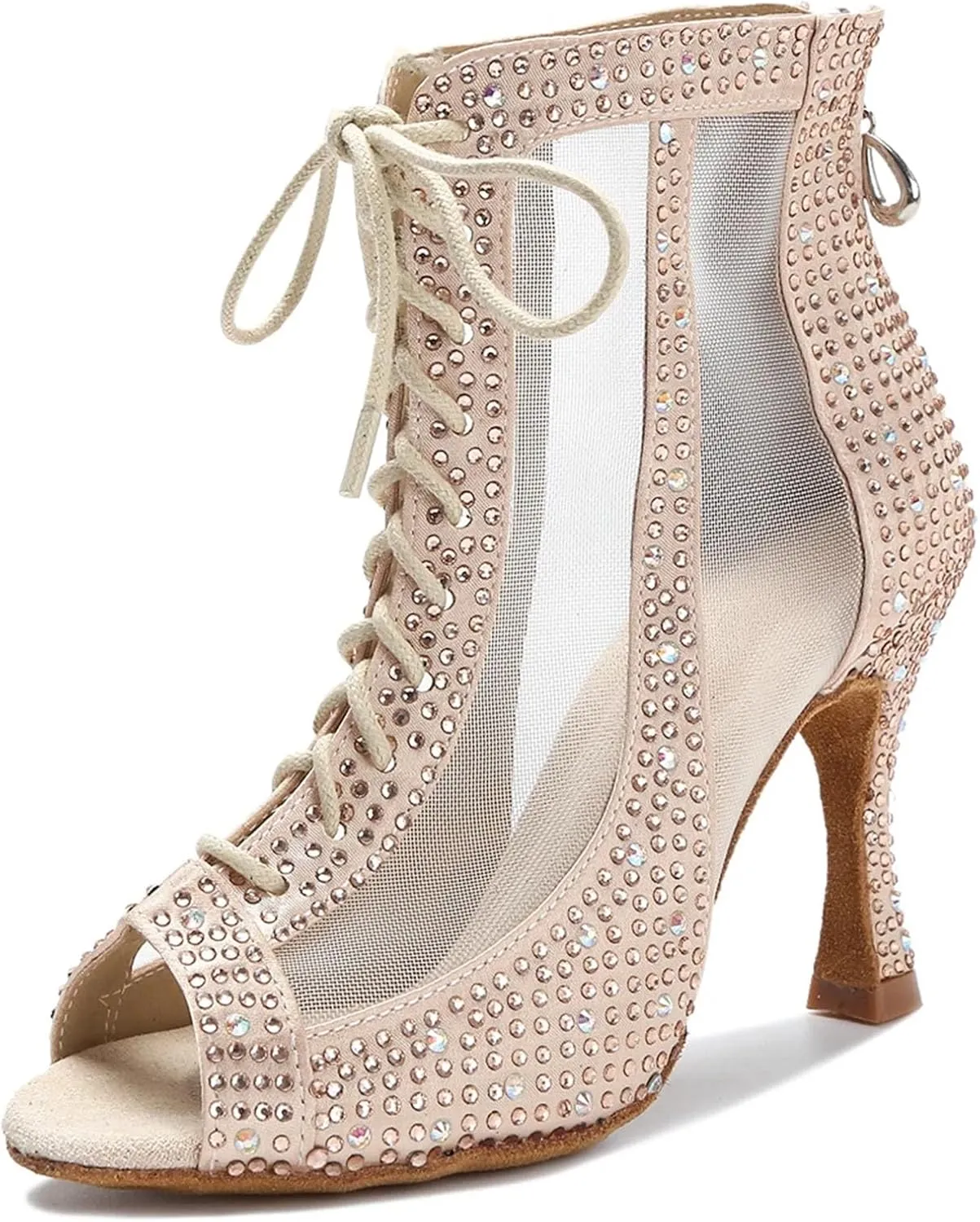 Women's Rhinestone Latin Dance Boots - Pole Dance Sexy Belly Ballroom Mesh High Heels, 10CM/3.9Inch Heel Height