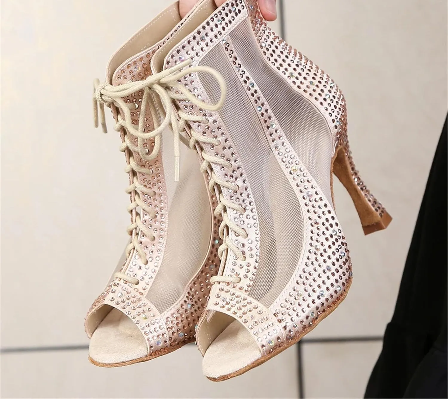 Women's Rhinestone Latin Dance Boots - Pole Dance Sexy Belly Ballroom Mesh High Heels, 10CM/3.9Inch Heel Height