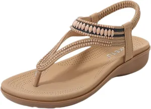 Womens Sandals Comfort Arch Support Sandals Summer Walking Shoes, Dressy Slingback Rhinestone Flat Sandals Casual Elastic Ankle Strap Flip Flops Shoes