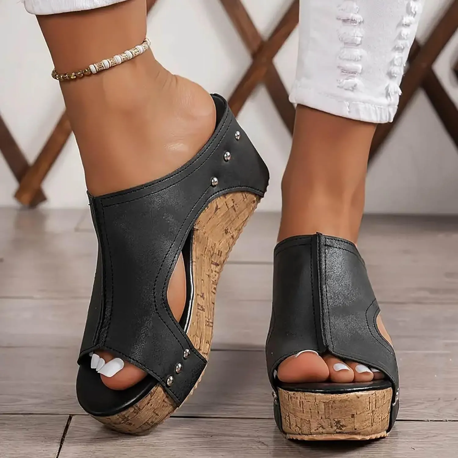 Womens Wedge Platform Slide On Sandals Open Toe Casual Summer Slide Platform Sandals Dressy High Heel Beach Sandal Comfortable Wedges Shoe Mules