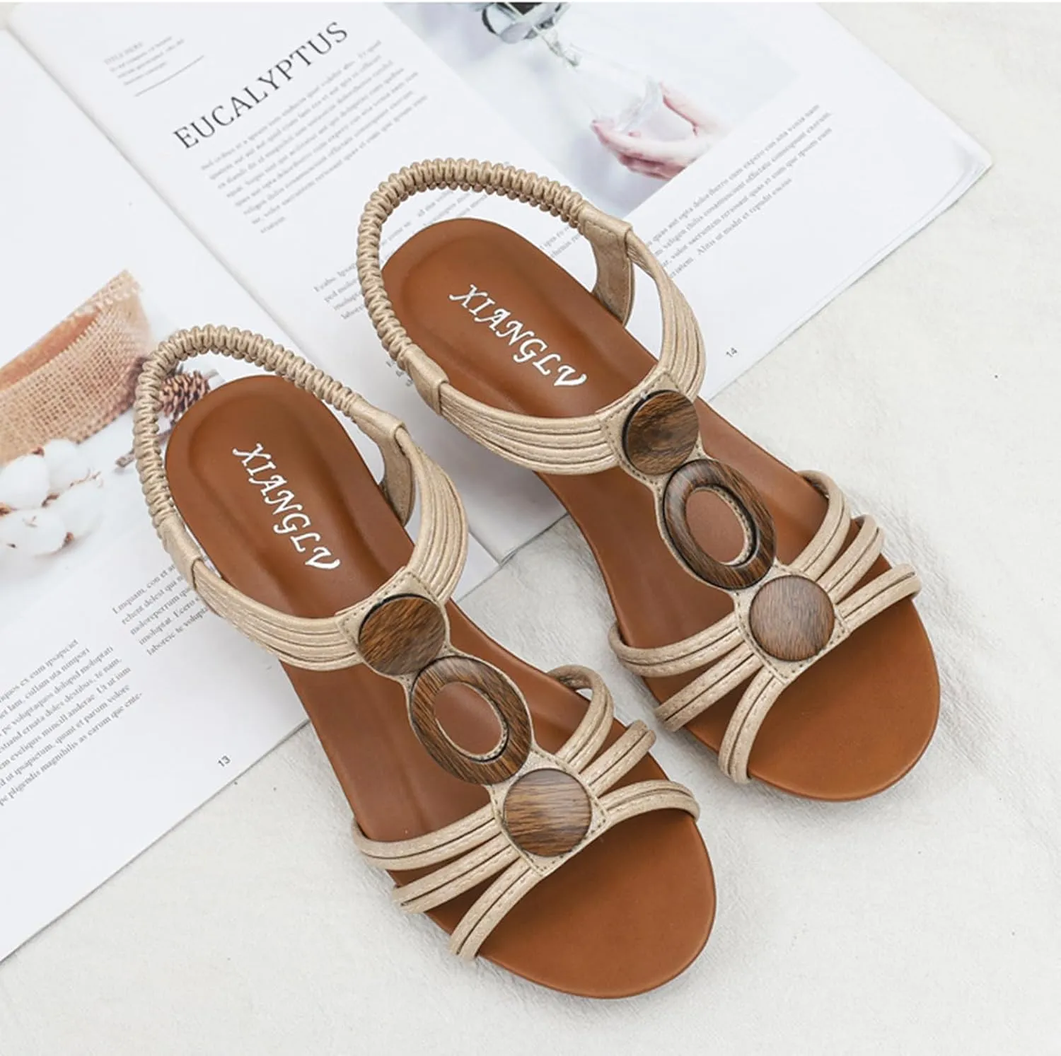 Womens Wedge Sandals Comfortable Open Toe High Heel Platform Sandals Dressy Slip-On Elastic Ankle Strap Shoes Cork Hollow Ring Trim Shoes Beach Casual Summer Footwear