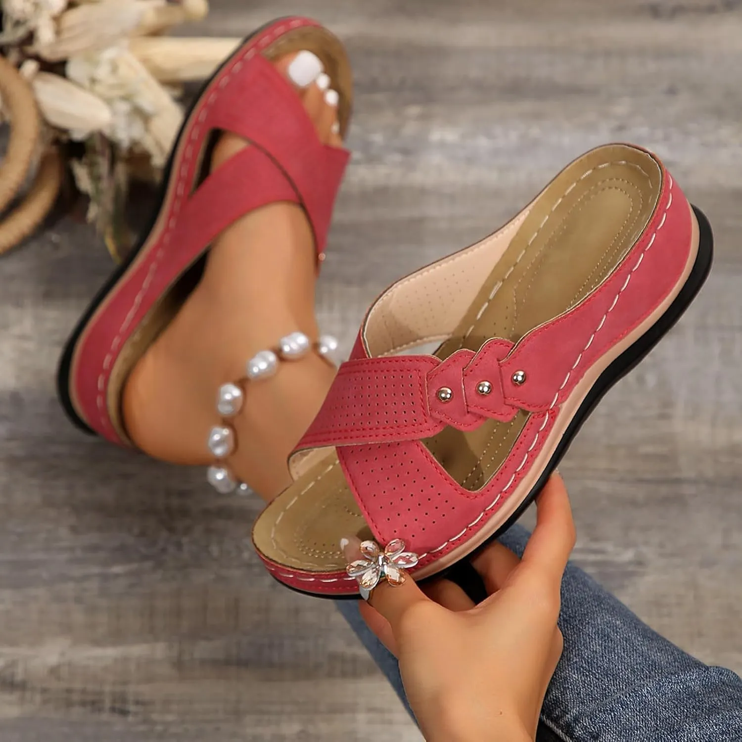 Womens Wedge Sandals Dressy Cross Strap Flowers Slide Platform Sandals Casual Arch Support Slippers Slip On Shoes