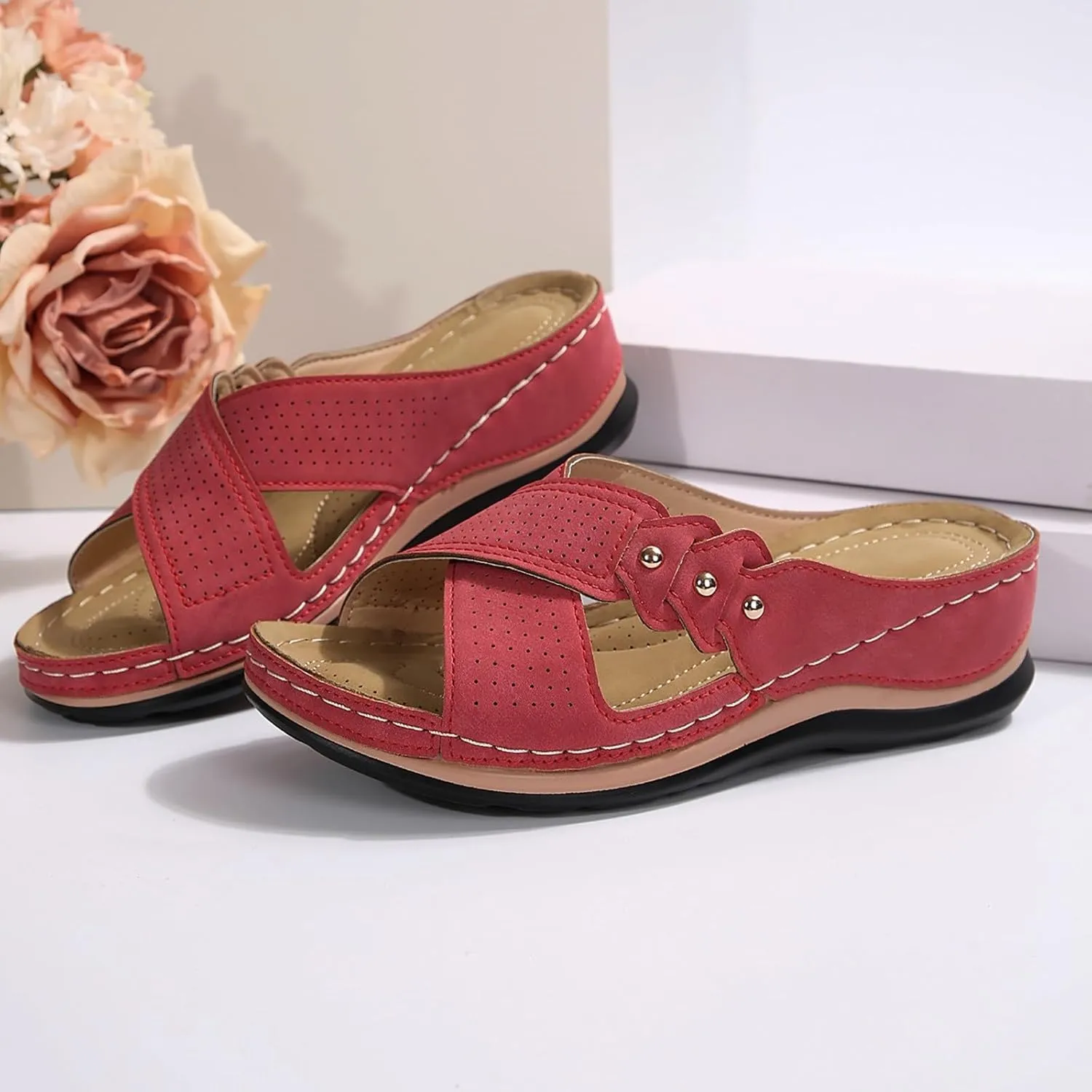 Womens Wedge Sandals Dressy Cross Strap Flowers Slide Platform Sandals Casual Arch Support Slippers Slip On Shoes