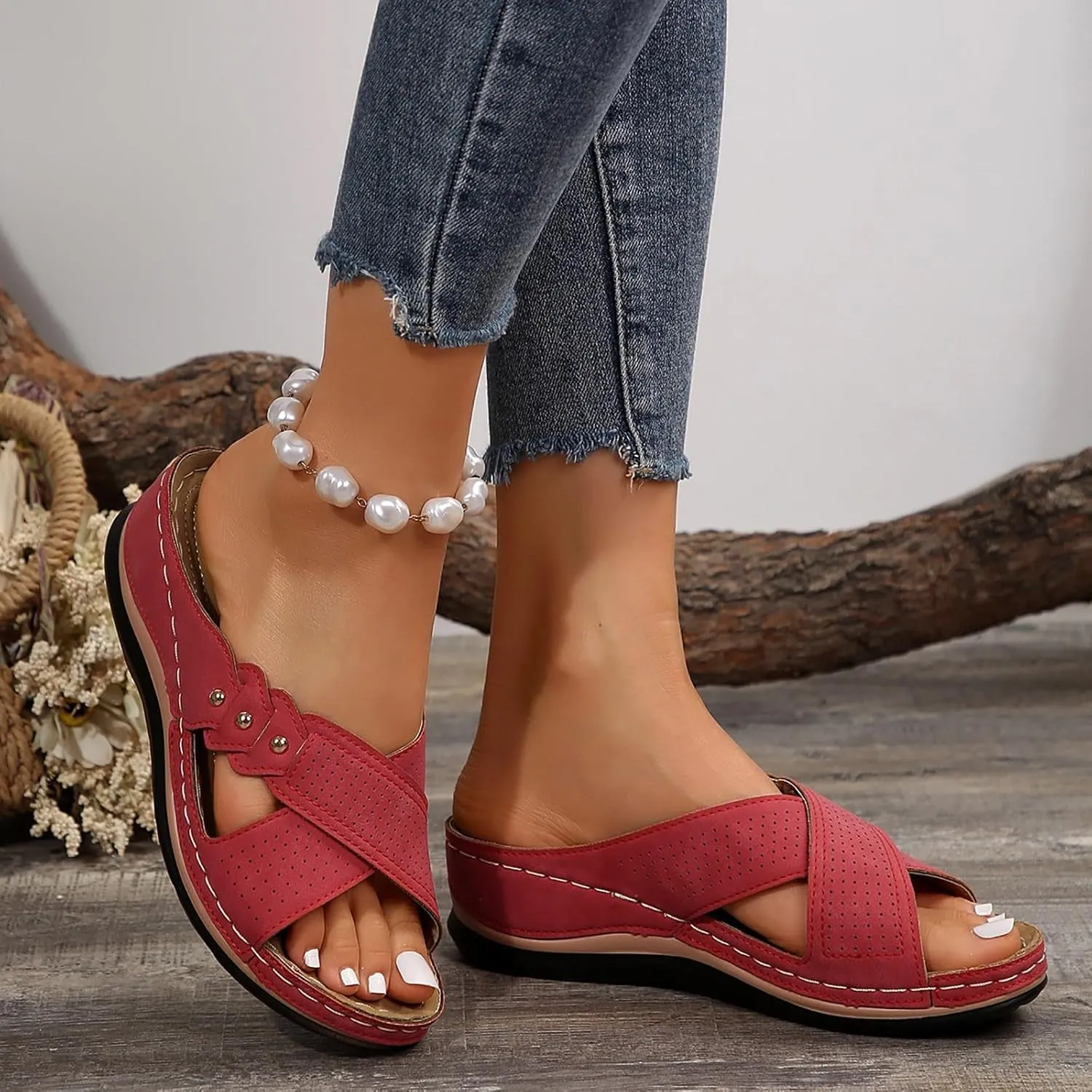 Womens Wedge Sandals Dressy Cross Strap Flowers Slide Platform Sandals Casual Arch Support Slippers Slip On Shoes