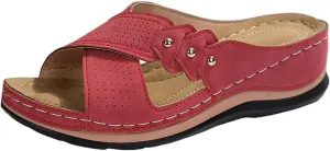 Womens Wedge Sandals Dressy Cross Strap Flowers Slide Platform Sandals Casual Arch Support Slippers Slip On Shoes