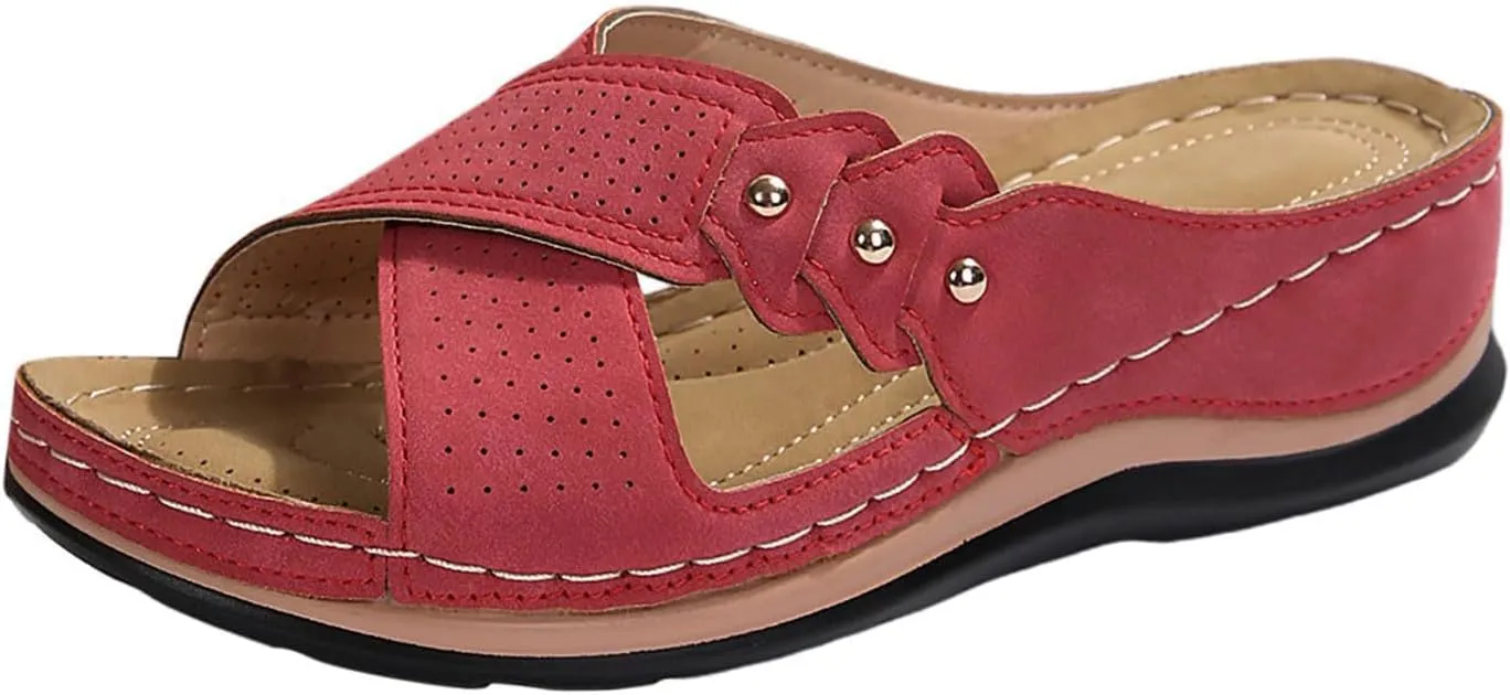 Womens Wedge Sandals Dressy Cross Strap Flowers Slide Platform Sandals Casual Arch Support Slippers Slip On Shoes