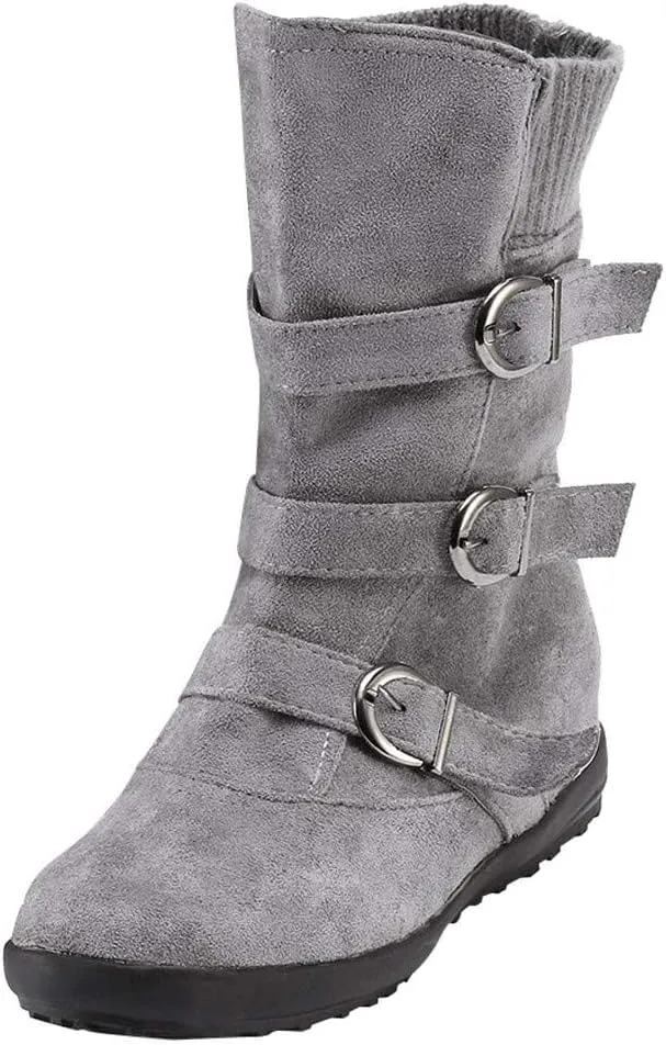 ZHOUYF Womens Flat Mid Calf Boots Fashion Suede Side Zipper Round Toe Ankle Boots Non-Slip Retro Buckle Winter Booties for Women