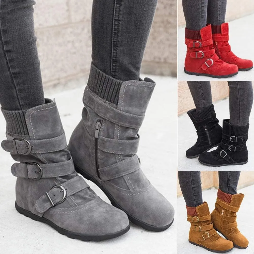 ZHOUYF Womens Flat Mid Calf Boots Fashion Suede Side Zipper Round Toe Ankle Boots Non-Slip Retro Buckle Winter Booties for Women