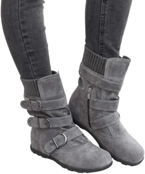 ZHOUYF Womens Flat Mid Calf Boots Fashion Suede Side Zipper Round Toe Ankle Boots Non-Slip Retro Buckle Winter Booties for Women