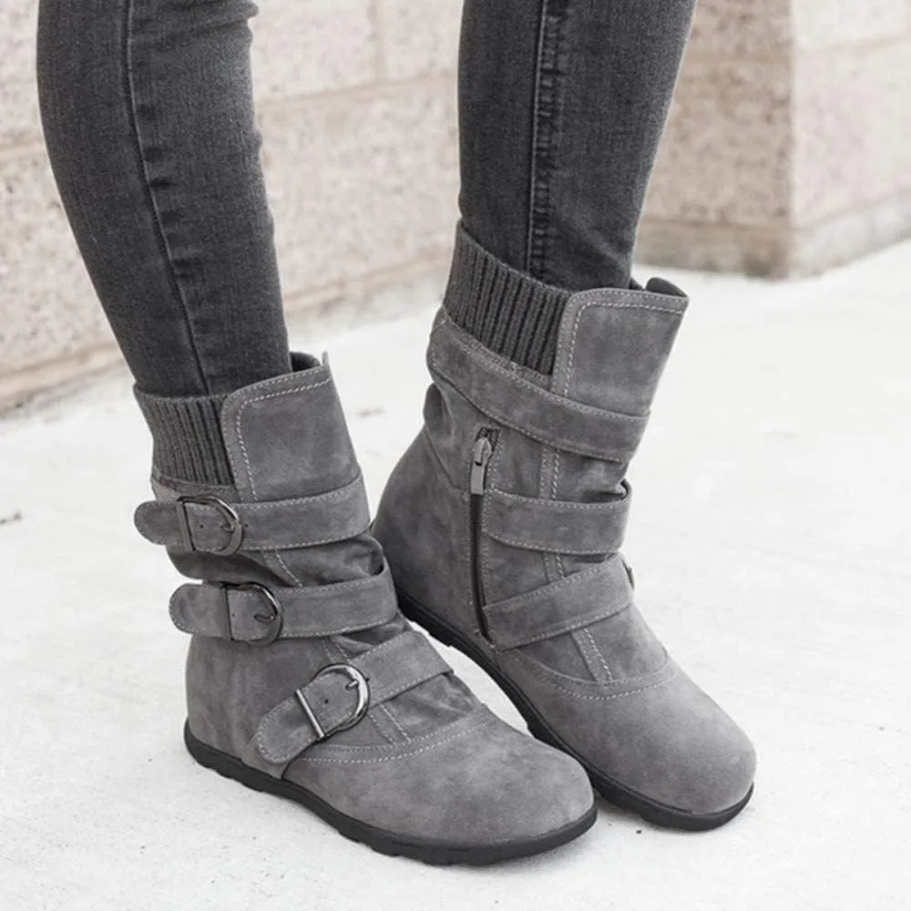 ZHOUYF Womens Flat Mid Calf Boots Fashion Suede Side Zipper Round Toe Ankle Boots Non-Slip Retro Buckle Winter Booties for Women