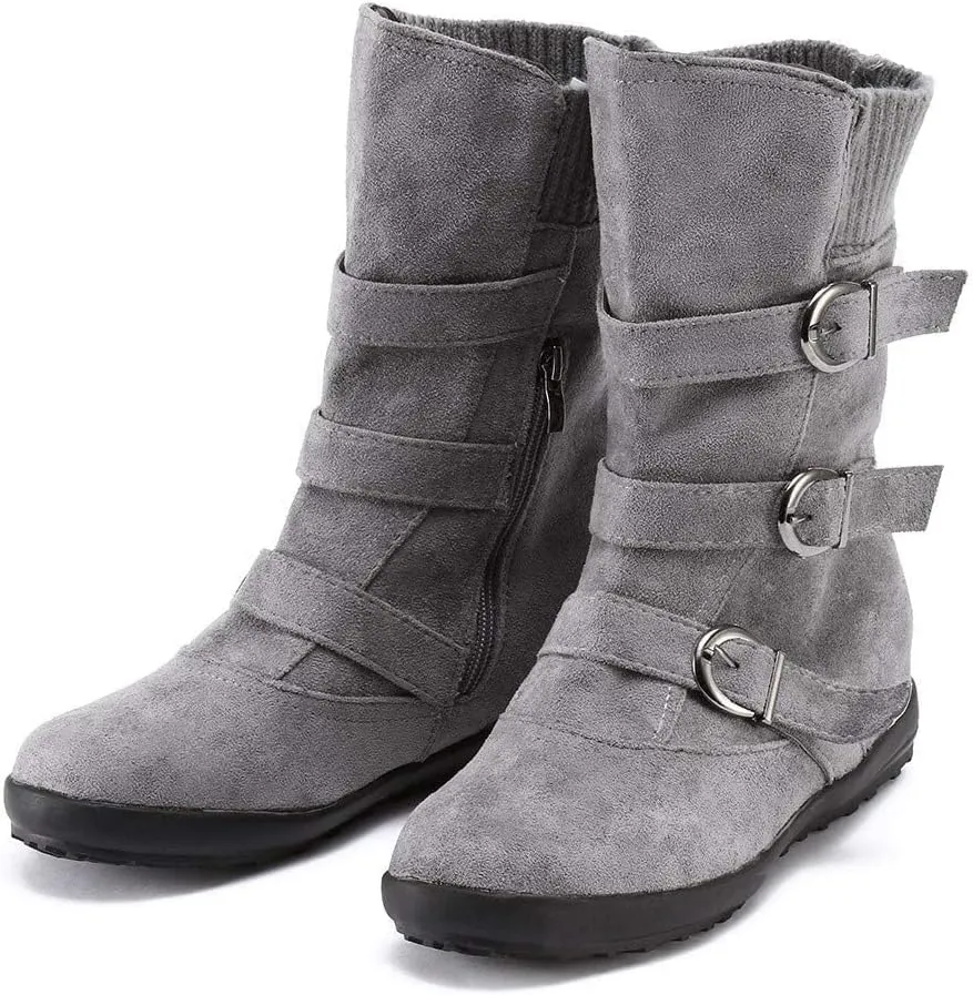 ZHOUYF Womens Flat Mid Calf Boots Fashion Suede Side Zipper Round Toe Ankle Boots Non-Slip Retro Buckle Winter Booties for Women