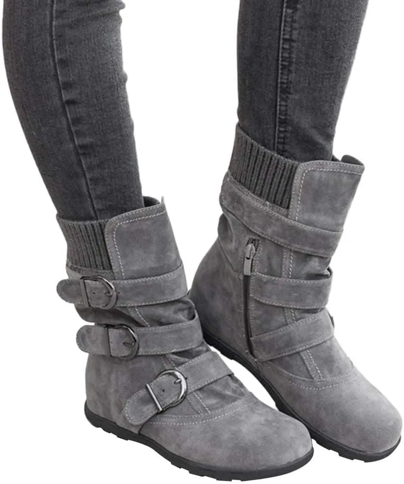 ZHOUYF Womens Flat Mid Calf Boots Fashion Suede Side Zipper Round Toe Ankle Boots Non-Slip Retro Buckle Winter Booties for Women