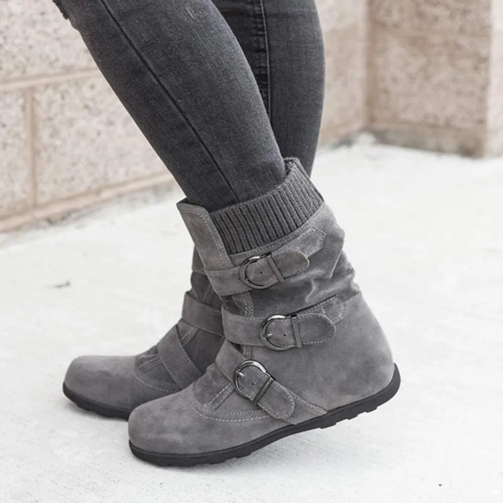 ZHOUYF Womens Flat Mid Calf Boots Fashion Suede Side Zipper Round Toe Ankle Boots Non-Slip Retro Buckle Winter Booties for Women