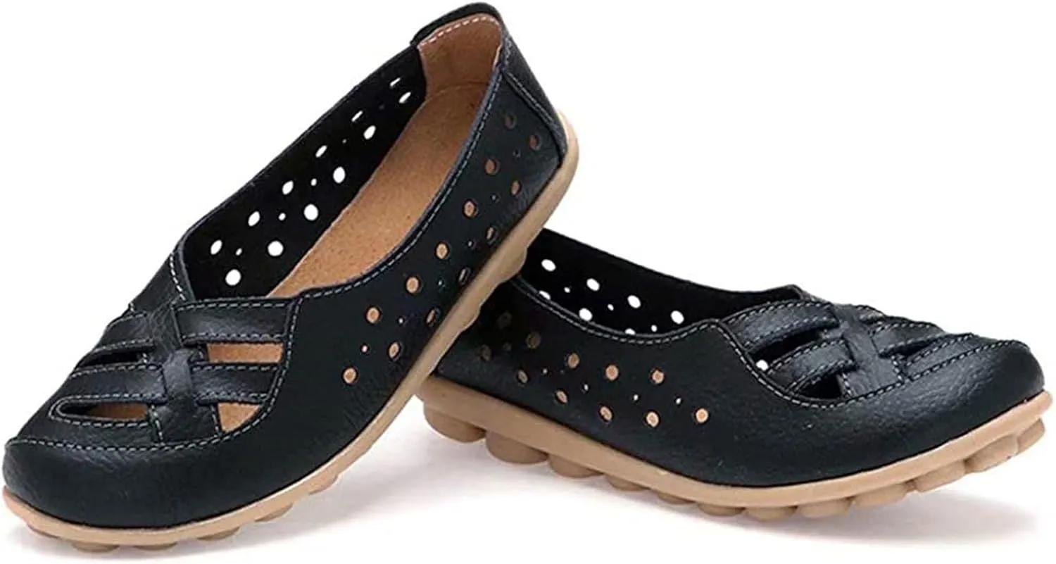 ZWRXW Women's Ballet Flat Shoes Pu Leather Comfortable Round Toe Slip On Flats Comfort Soft Non Slip Low Wedge Summer Dressy Dress Work Walking Flats Shoes with Breathable Eyelets